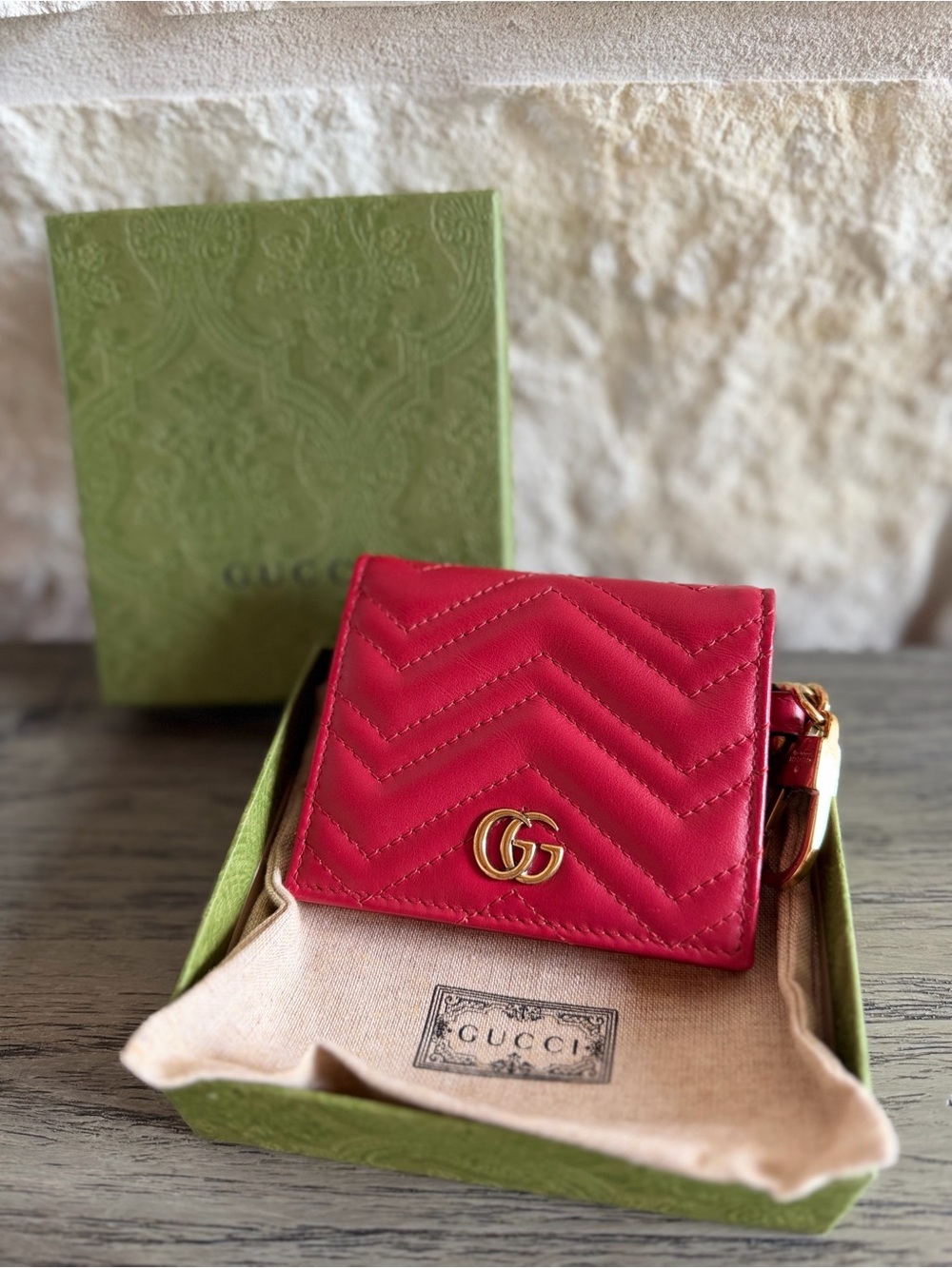 Gucci GG Marmont Red Matelassé Leather Vintage Card Keychain Wallet w/Gold